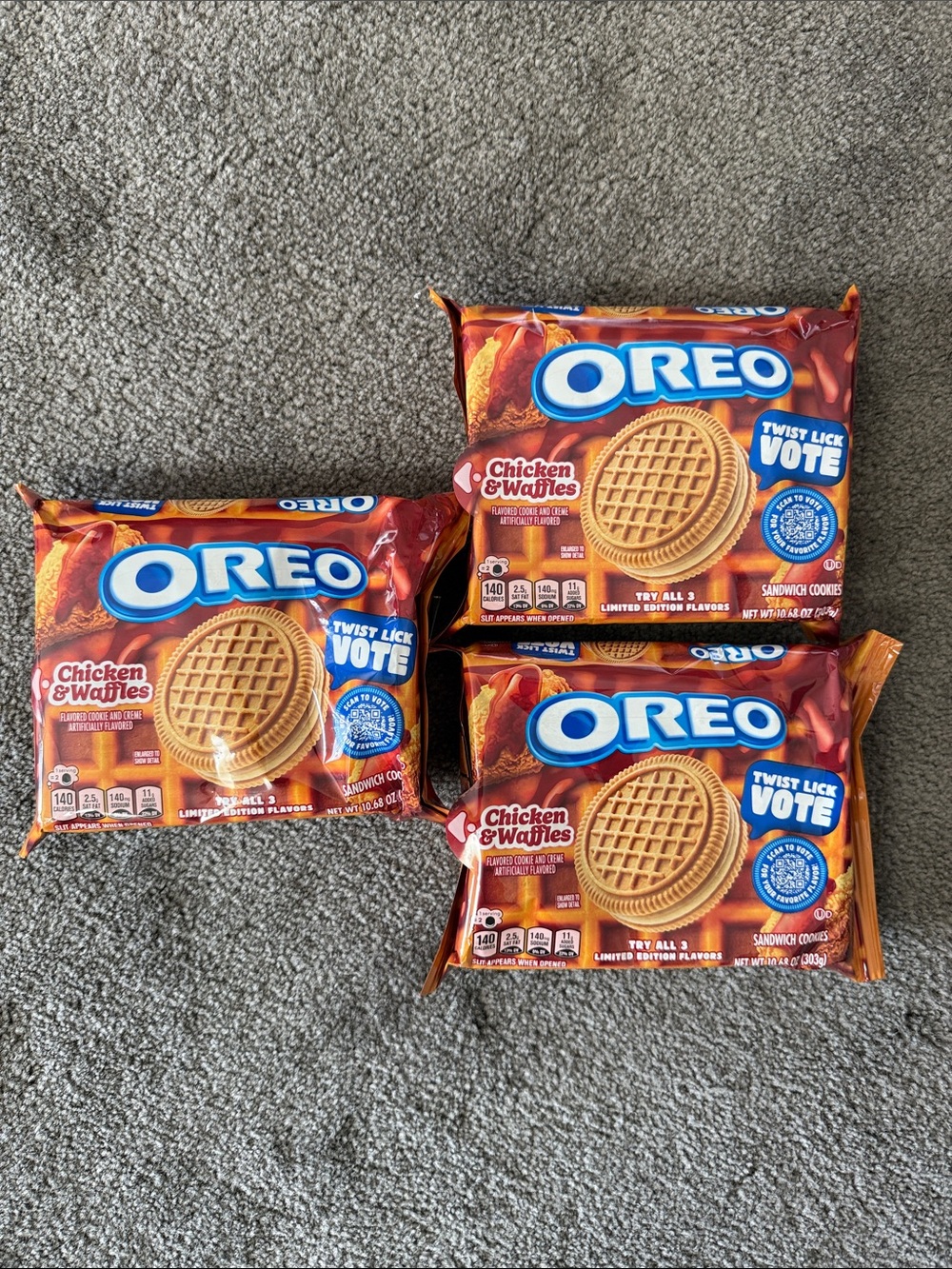 3 - packets of Oreo cookies (Chicken & Waffles flavor)